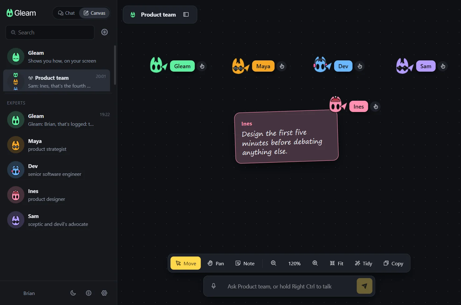 Gleam's canvas: experts as live cursors above a handwritten note by Ines.