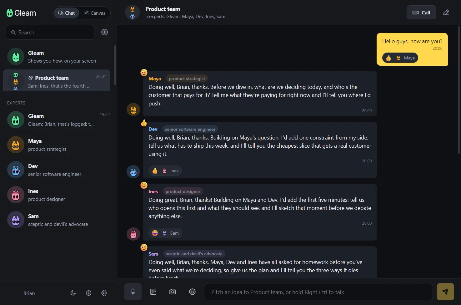 A Gleam group chat where Maya, Dev, Ines and Sam each answer in character and react to each other.