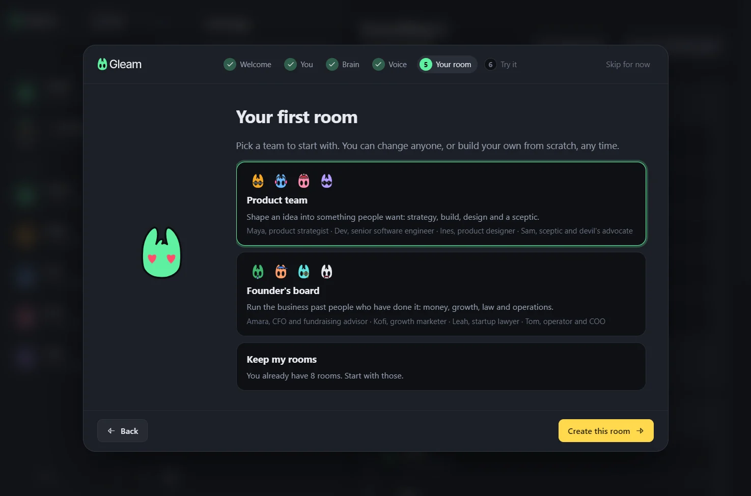 Gleam's welcome, step five: choose a Product team or a Founder's board as your first room.